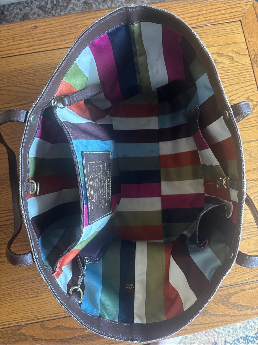 COACH Multicolor Stripe Interior Leather-Trim Tote